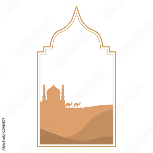 Islamic Mosque and Camel Desert Scene in Ornate Arch Frame