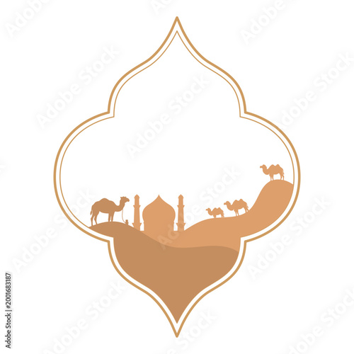 Islamic Ramadan Kareem Frame with Mosque and Camels in Desert