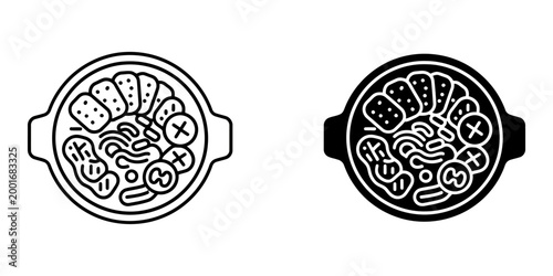 Budae jjigae korean army stew line and silhouette icon set featuring ramen noodles spam slices tofu and vegetables in hot pot traditional spicy fusion cuisine illustration for restaurant menu design.