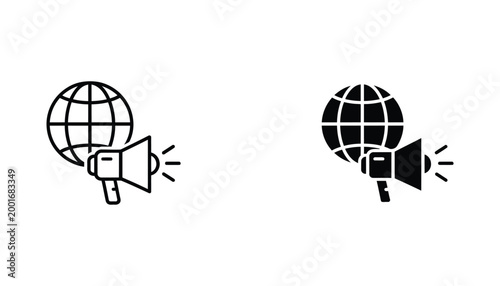 Global marketing and public relations concept with megaphone and globe icon in minimalist vector illustration style for business and communication strategies isolated on white background