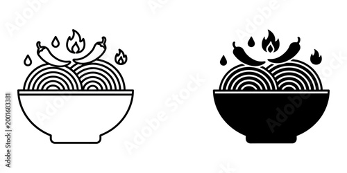 Bulldark spicy ramen noodles bowl icon set with chili peppers and fire flames representing extreme heat levels for korean fire noodle challenge and spicy food branding in line and silhouette art.