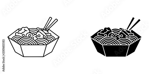 Ramen noodles with chopsticks icon for apps and websites on white background in outlined and glyph style asian food vector illustration set isolated.
