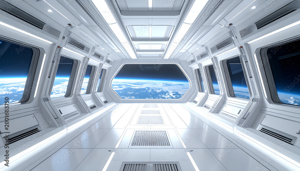Fototapeta premium Futuristic Spaceship Corridor with Earth View.