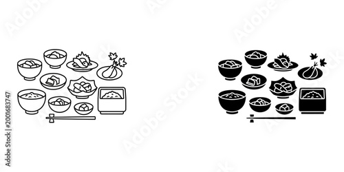 Japanese food set icons in outline and filled style, asian cuisine dishes with rice bowls, soup, tempura, sushi and chopsticks for restaurant menu or culinary presentation, healthy meal elements.