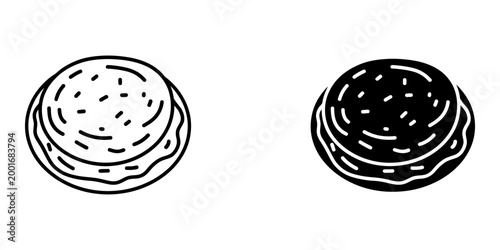 Pancake stack icons in outline and filled style, sweet breakfast or dessert food item, fluffy layers with textured surface, flat lay food graphic for cafe menu or recipe book, delicious treat vector.