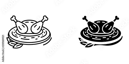 Roasted chicken legs on plate icon in outline and glyph style for restaurant menu design food delivery app interface poultry dish vector illustration isolated on white background set for graphic.