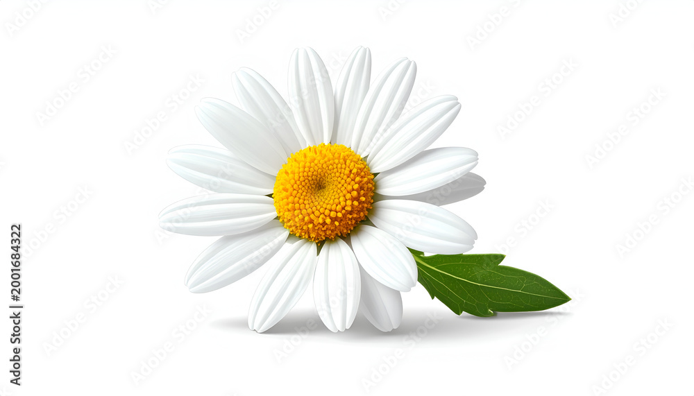 Fototapeta premium Beautiful White Daisy Flower with Green Leaf Isolated on White Background.