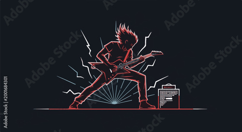 Energetic guitarist performing with electric guitar and amplifier