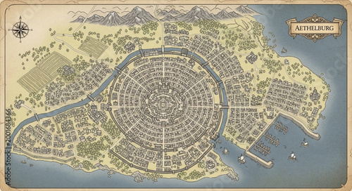 Fantasy City Map with Intricate Details and Old Parchment Texture.
