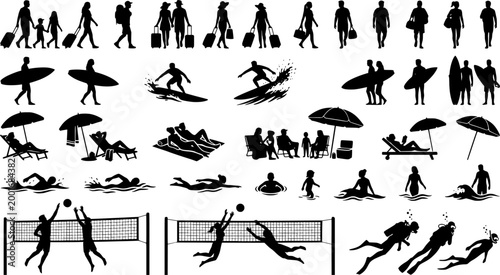 Summer Vacation and Beach Activities People Silhouettes Set - Tourists, Surfers, and Sunbathing Vector Symbols