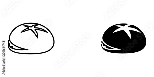 Rounded bread roll with star pattern cut on top, outline and solid black variations for bakery.