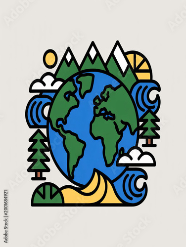 Earth globe with nature elements and mountains