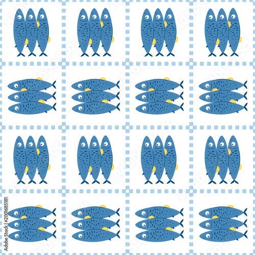 Checkered sardines seamless pattern. Summer sea fish wallpaper, blue nautical background. Cartoon Mediterranean seafood textile design. Vector print for fashion, fabric, wrapping paper.