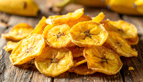 Crispy Banana Chips Pile on Rustic Wooden Table.