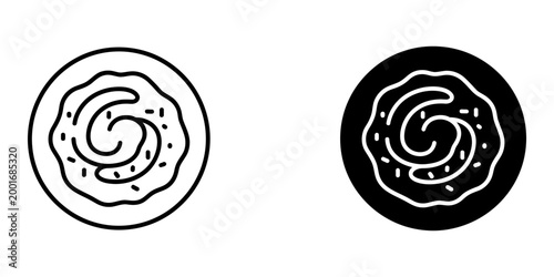 Bowl of chili with peppers, outline and black filled icon within circle, hearty stew, Mexican food vector art, food illustration.