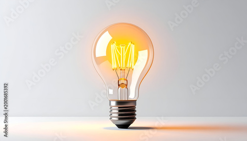 Illuminated Incandescent Light Bulb Glowing Brightly on a White Surface.