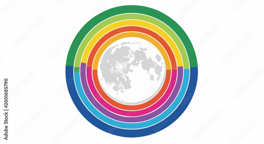 Fototapeta premium Concentric colored arcs surround a detailed moon in a graphic design