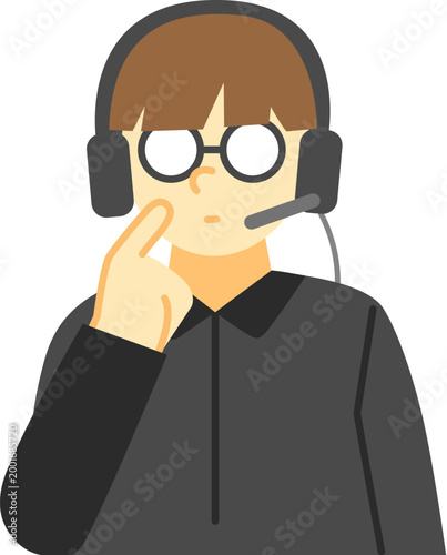 Young man with wearing headphones pointing himself on digital class