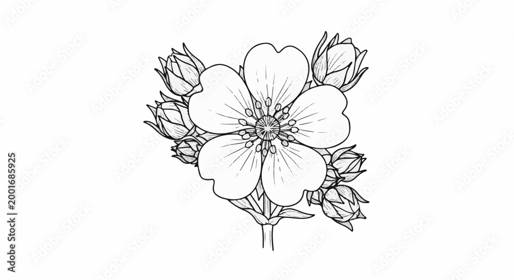 Fototapeta premium Delicate line drawing of a five-petal flower surrounded by buds