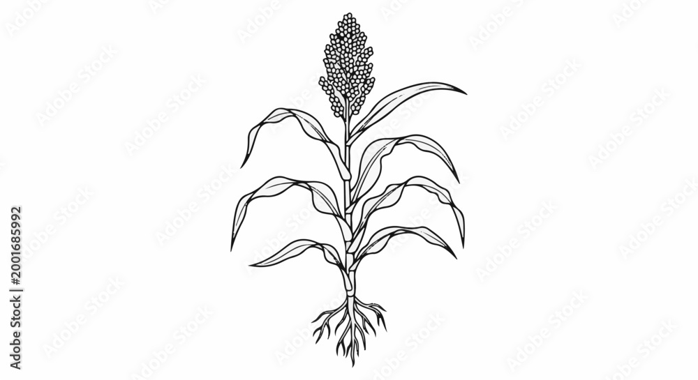 Fototapeta premium Detailed line drawing of a sorghum plant with roots, stalk, leaves, and grain head