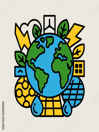 Earth surrounded by eco icons and symbols