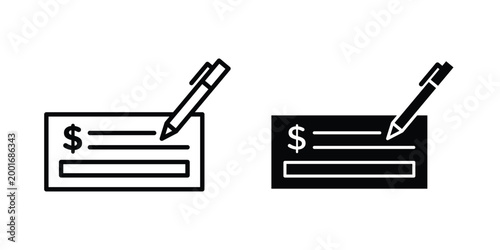 Signing cheque icon with line stroke and black silhouette style