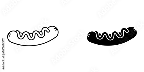 Simple sausage with wavy sauce topping linear and silhouette icons set of grilled frankfurter or hot dog meat symbol collection isolated vector illustrations on plain white background for designs.