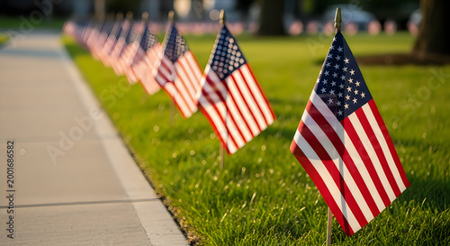 Row of American Flags Lined Along Sidewalk for 4th of July Independence Day Celebration