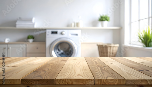 Clean Laundry Room with Washing Machine and Wooden Table.