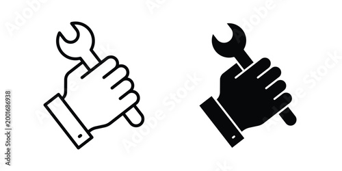 Spanner in hand icon with line stroke and black silhouette style