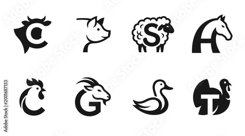 Black animal letters alphabet icons set.