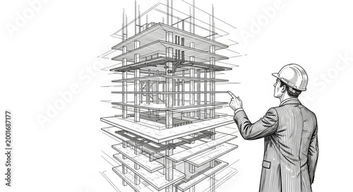 Architectural drawing of a building with a person in a hard hat.