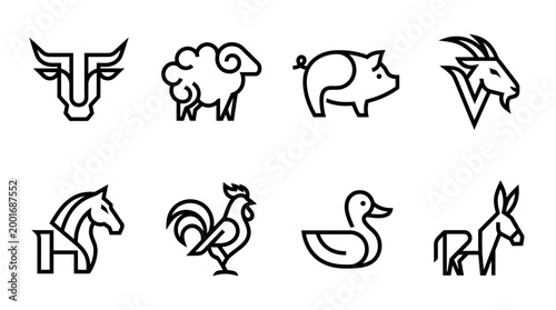 Black line animal farm icons set.