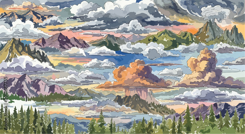 Watercolor mountain landscape with fluffy clouds and pine forest, panoramic nature background vector, scenic alpine peaks at sunset