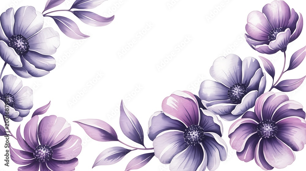 Obraz premium Floral Elegance: Delicate watercolor blossoms in varying shades of purple and violet adorn a clean canvas, creating a serene and artistic floral composition.