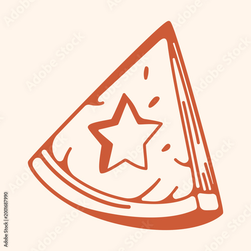 Watermelon. Hand drawn watermelon slice with a star shaped cutout and dotted pulp texture. Great for summer menus kids graphics drink designs and playful seasonal projects