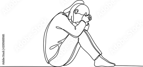 Sad woman crying continuous line