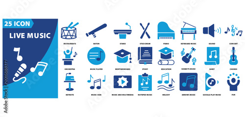live music icon set of instruments, baton, stand, stick drum, piano, keyboard music, sound, concert, orchestra, music player, mortarboard, study, education, subjects music, sheet , chords, keynote,
