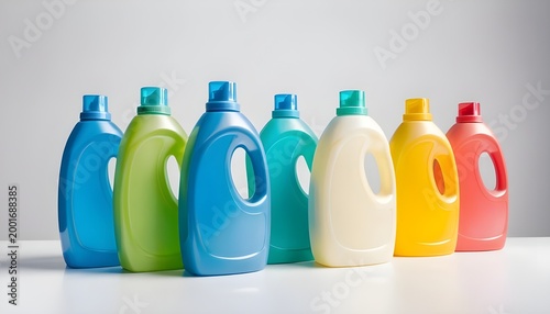 Detergent containers against a white backdrop