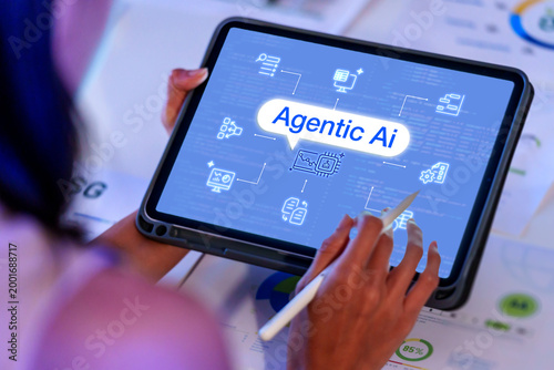 Businesswoman use agentic ai with ai agent using autonomous workflow for automation represents artificial intelligence innovation and digital transformation for business strategy management