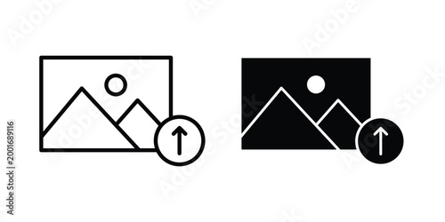 Upload photo icon with line stroke and black silhouette style