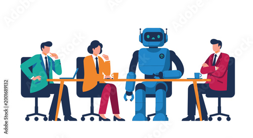 Robot, business people, meeting, discussion, teamwork, collaboration, office, technology