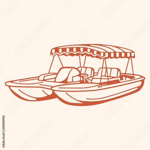 Catamaran illustrated with two parallel hulls and a central deck line. Suitable for marine icons travel graphics adventure themes and water sport collection