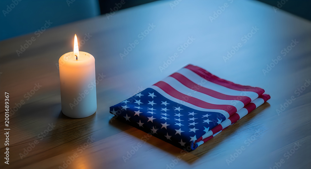 Obraz premium Folded American flag and burning candle on wooden table for 4th of July Independence Day remembrance