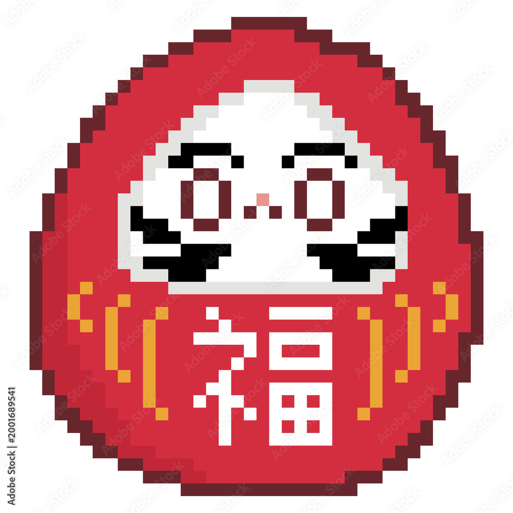 Fototapeta premium Traditional red Japanese Daruma doll pixel art lucky icon