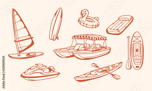 Water transport and beach activity,line illustrations featuring surfboard,paddleboard, inflatable float, ring, catamaran, windsurf board, jet ski and more, perfect for summer design and coastal themes