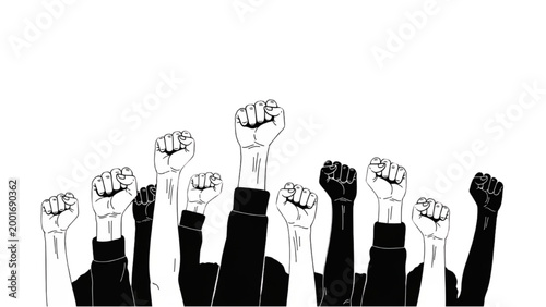 Raised fists in unity with 2D AutoCAD illustration of people protesting