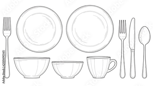 Illustration of 2D AutoCAD table setting with plates and utensils