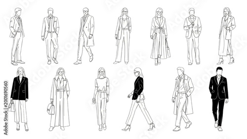People walking and standing in a 2D AutoCAD illustration of urban fashion styles