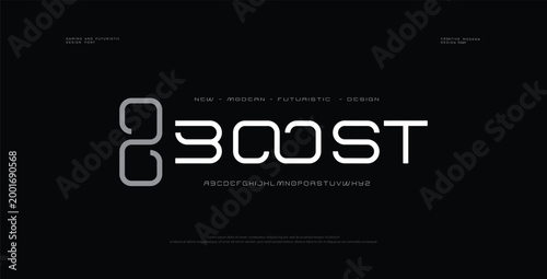Boost universal font. Fast sport, futuristic, technology, future alphabet. Letters and numbers for military, industrial, electric car racing logo design. Modern minimalistic vector typeface
